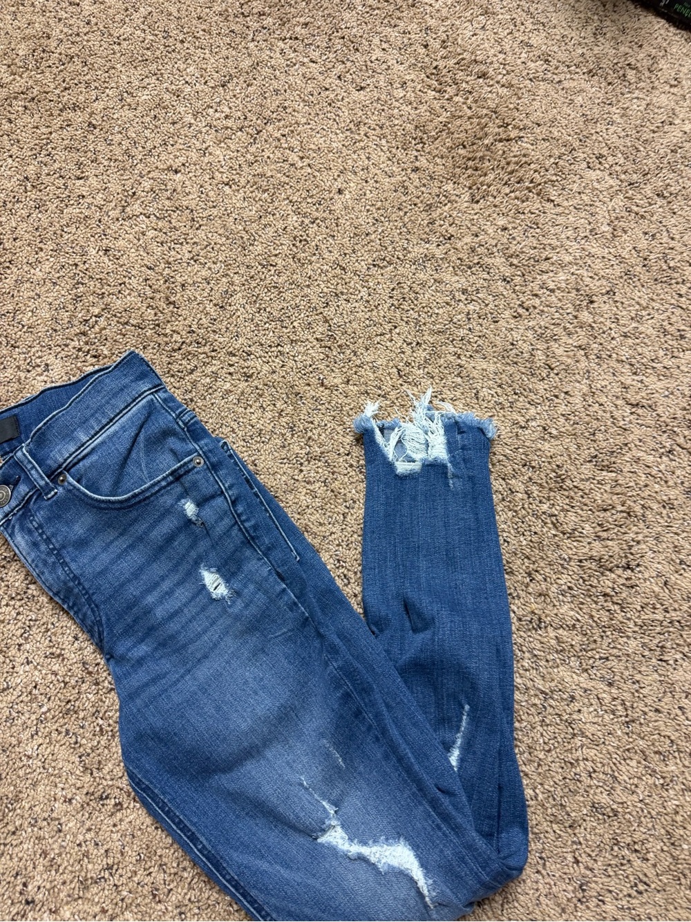 Express Women’s Skinny Jeans in Medium Blue with Distressed Hem